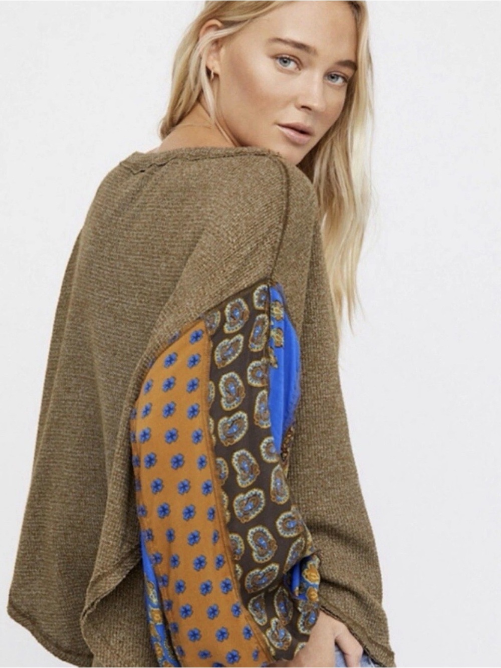 We The Free Olive Knit Sweater with Blue and Mustard Patchwork Sleeves